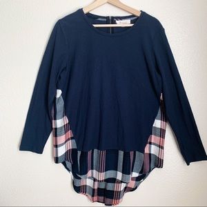 Two by Vince Camuto Solid/Plaid Blue Tunic Top